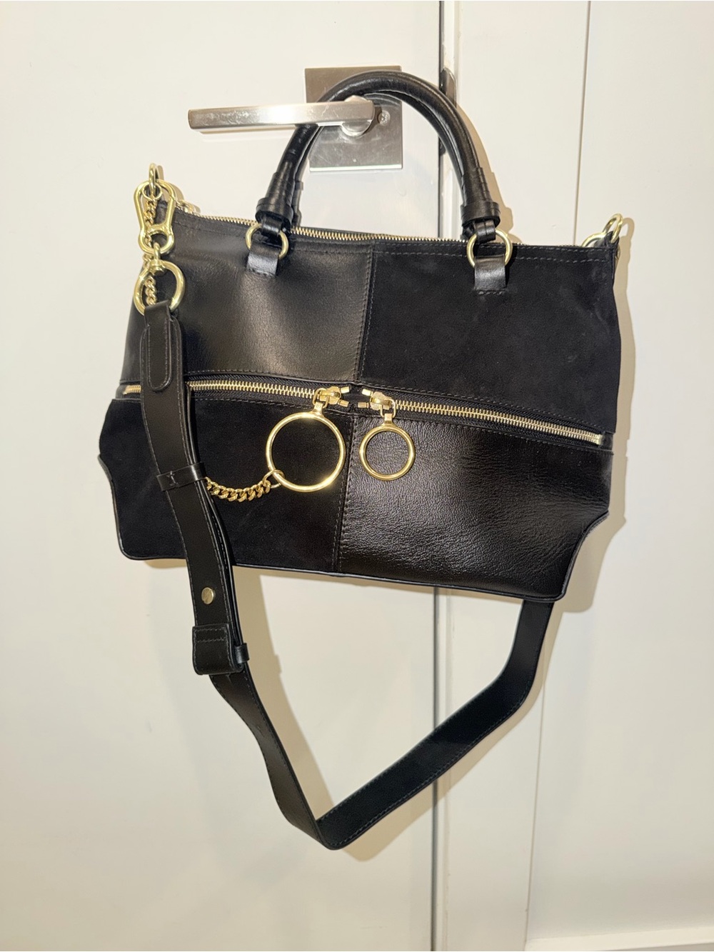 See By Chloe Emy Black Suede & Leather Satchel With Gold Hardware - Women's Bag